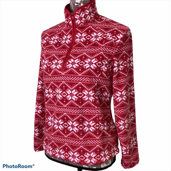 Lands' End Tops - Lands’ End Fair Isle Snowflake Quarter Zip Fleece Pullover Lightweight Red White